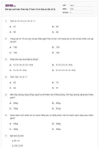 Bài tập cuối tuần Toán lớp 3 Tuần 14 có đáp án (Đề số 3)