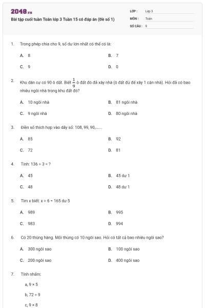 Bài tập cuối tuần Toán lớp 3 Tuần 15 có đáp án (Đề số 1)