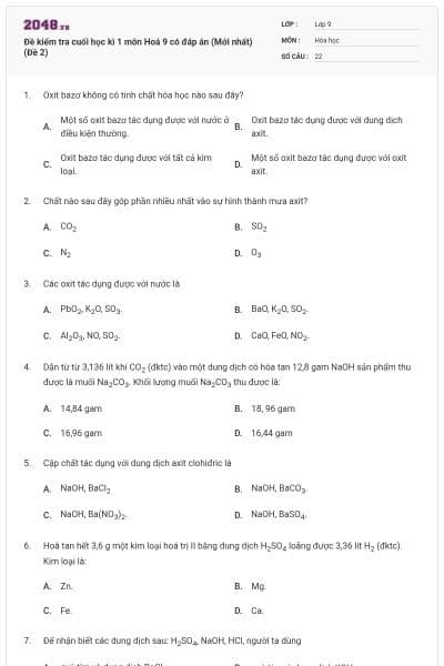 Đề kiểm tra cuối học kì 1 môn Hoá 9 có đáp án (Mới nhất) (Đề 2)