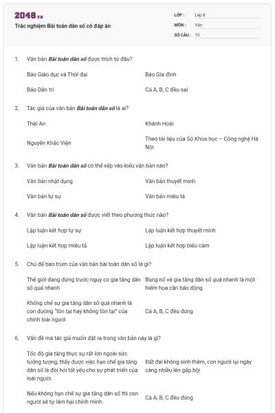 Trắc nghiệm Bài toán dân số có đáp án