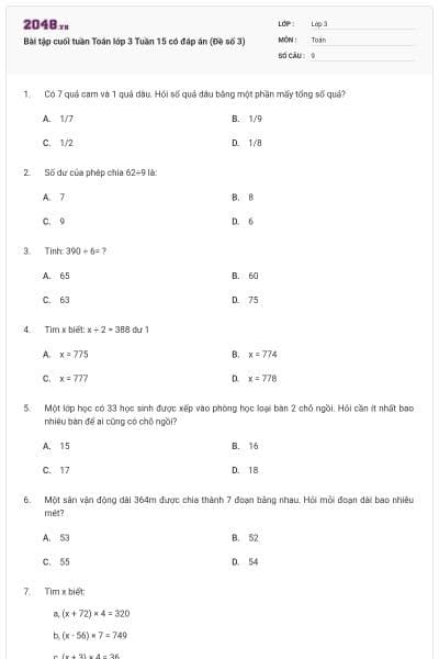 Bài tập cuối tuần Toán lớp 3 Tuần 15 có đáp án (Đề số 3)