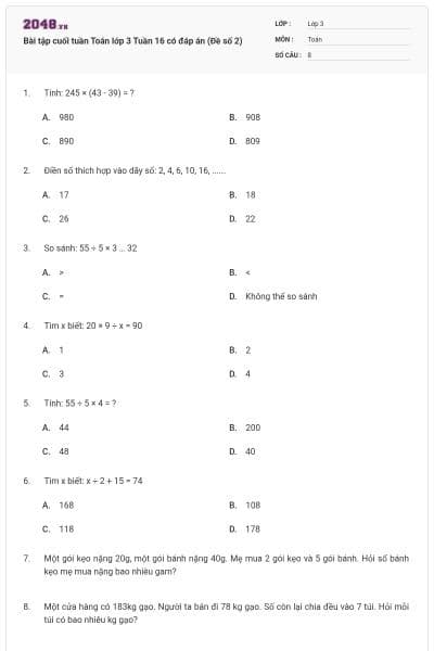 Bài tập cuối tuần Toán lớp 3 Tuần 16 có đáp án (Đề số 2)