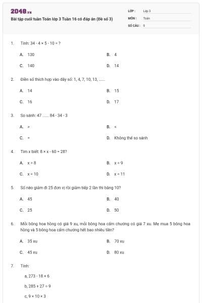 Bài tập cuối tuần Toán lớp 3 Tuần 16 có đáp án (Đề số 3)
