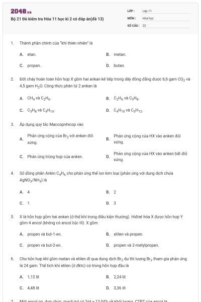 Bộ 21 Đề kiểm tra Hóa 11 học kì 2  có đáp án(đề 13)