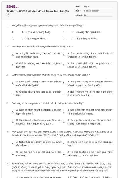 Đề kiểm tra GDCD 9 giữa học kì 1 có đáp án (Mới nhất) (Đề 1)