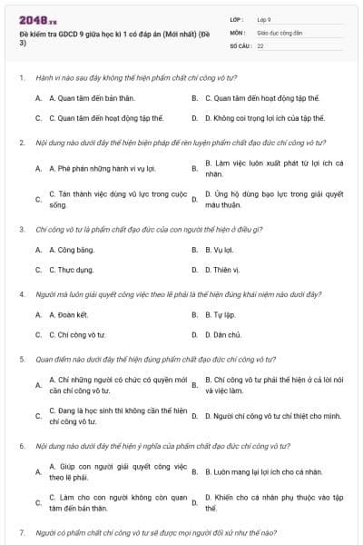 Đề kiểm tra GDCD 9 giữa học kì 1 có đáp án (Mới nhất) (Đề 3)