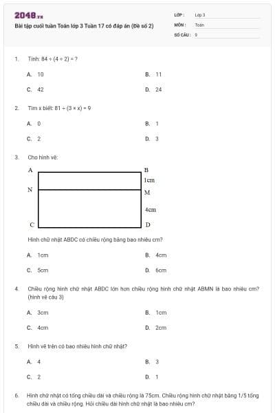 Bài tập cuối tuần Toán lớp 3 Tuần 17 có đáp án (Đề số 2)