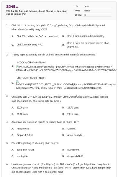 264 Bài tập Dẫn xuất halogen, Ancol, Phenol cơ bản, nâng cao có lời giải (P3)