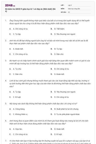 Đề kiểm tra GDCD 9 giữa học kì 1 có đáp án (Mới nhất) (Đề 4)