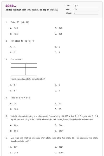 Bài tập cuối tuần Toán lớp 3 Tuần 17 có đáp án (Đề số 3)