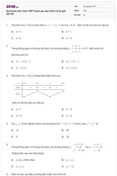 Đề thi thử môn Toán THPT Quốc gia năm 2022 có lời giải (Đề 20)