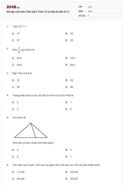 Bài tập cuối tuần Toán lớp 3 Tuần 18 có đáp án (Đề số 1)
