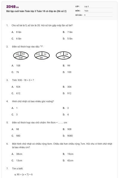 Bài tập cuối tuần Toán lớp 3 Tuần 18 có đáp án (Đề số 2)
