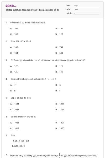 Bài tập cuối tuần Toán lớp 3 Tuần 18 có đáp án (Đề số 3)