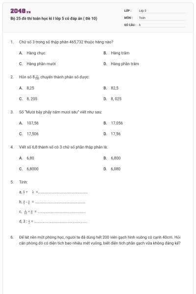 Bộ 25 đề thi toán học kì I lớp 5 có đáp án ( Đề 10)