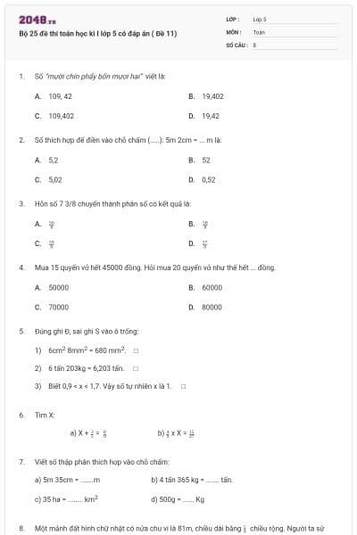 Bộ 25 đề thi toán học kì I lớp 5 có đáp án ( Đề 11)