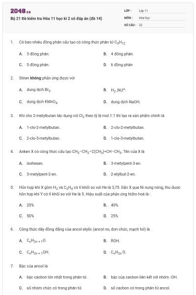 Bộ 21 Đề kiểm tra Hóa 11 học kì 2 có đáp án (đề 14)