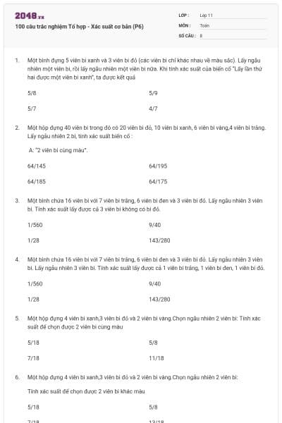 100 câu trắc nghiệm Tổ hợp - Xác suất cơ bản (P6)