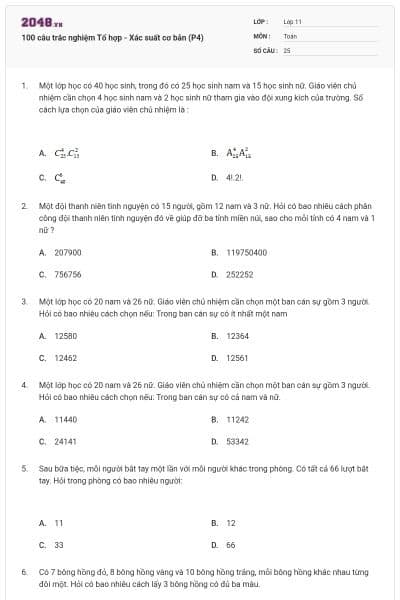 100 câu trắc nghiệm Tổ hợp - Xác suất cơ bản (P4)
