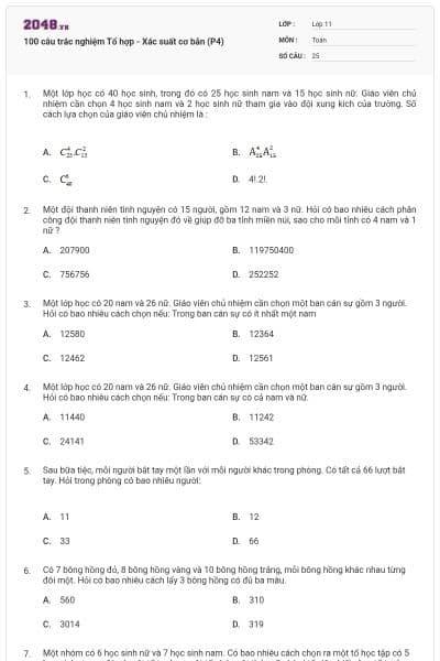 100 câu trắc nghiệm Tổ hợp - Xác suất cơ bản (P4)