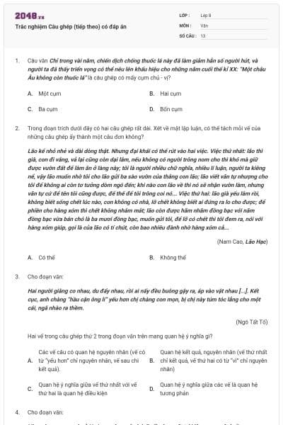 Trắc nghiệm Câu ghép (tiếp theo) có đáp án