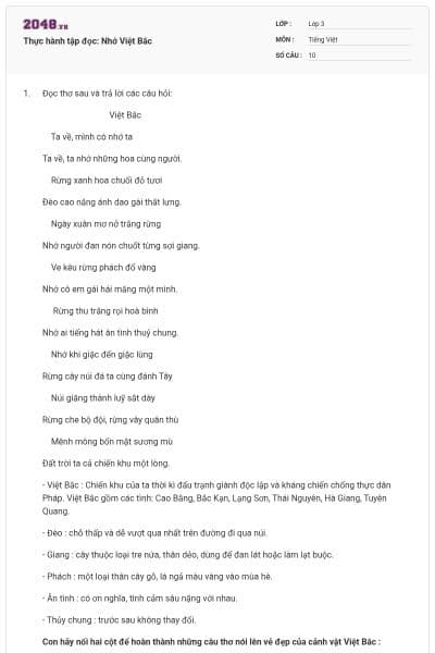 Thực hành tập đọc: Nhớ Việt Bắc