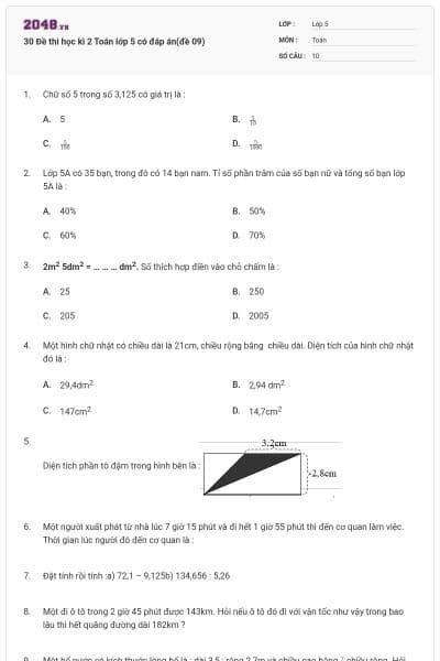 30 Đề thi học kì 2 Toán lớp 5 có đáp án(đề 09)