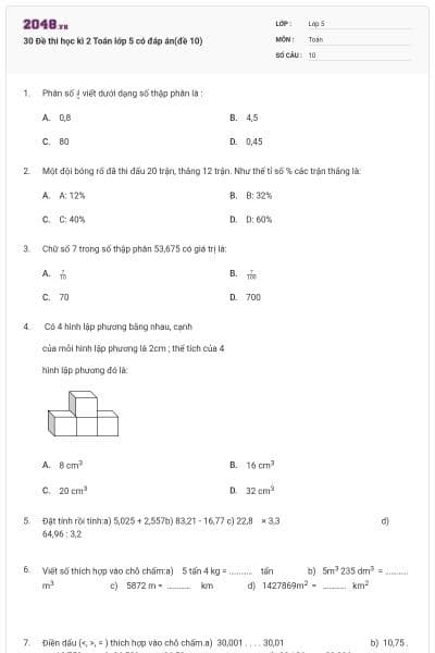 30 Đề thi học kì 2 Toán lớp 5 có đáp án(đề 10)