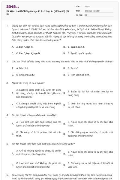 Đề kiểm tra GDCD 9 giữa học kì 1 có đáp án (Mới nhất) (Đề 5)