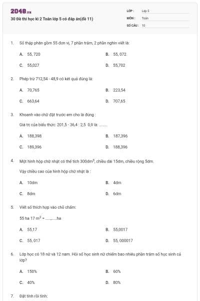 30 Đề thi học kì 2 Toán lớp 5 có đáp án(đề 11)