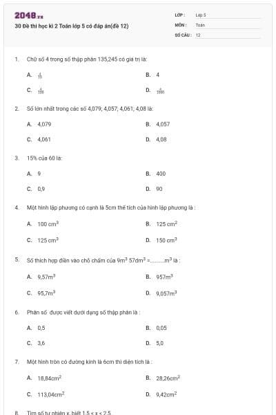 30 Đề thi học kì 2 Toán lớp 5 có đáp án(đề 12)