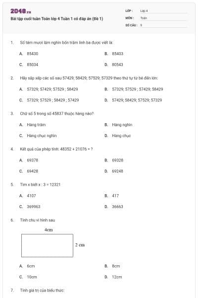 Bài tập cuối tuần Toán lớp 4 Tuần 1 có đáp án (Đề 1)