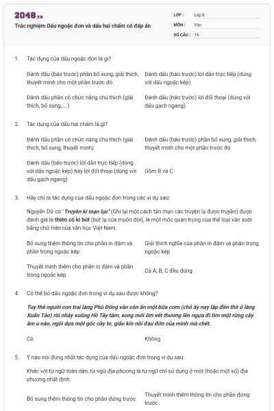 Trắc nghiệm Dấu ngoặc đơn và dấu hai chấm có đáp án