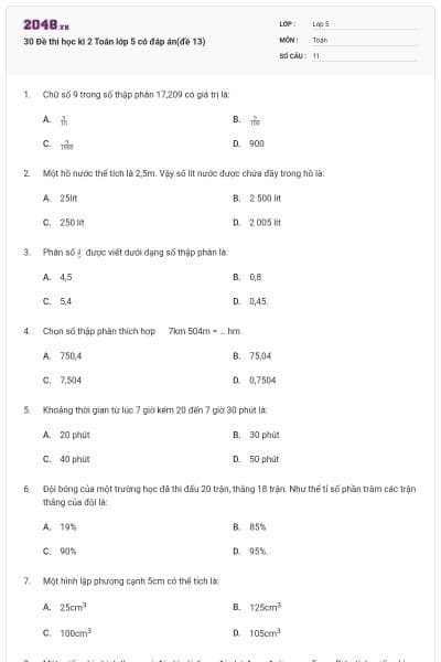 30 Đề thi học kì 2 Toán lớp 5 có đáp án(đề 13)