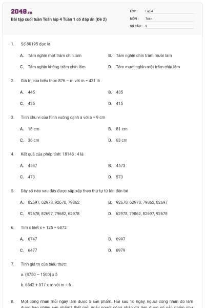 Bài tập cuối tuần Toán lớp 4 Tuần 1 có đáp án (Đề 2)