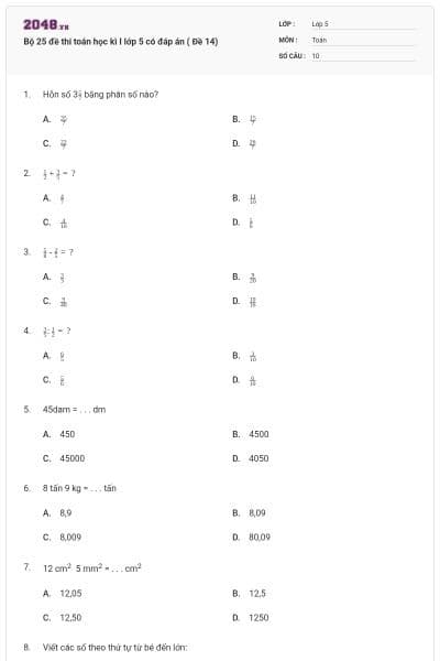 Bộ 25 đề thi toán học kì I lớp 5 có đáp án ( Đề 14)