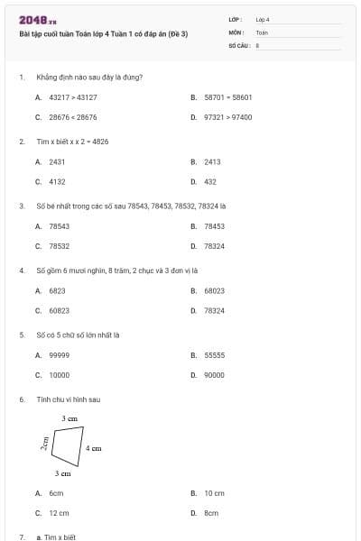 Bài tập cuối tuần Toán lớp 4 Tuần 1 có đáp án (Đề 3)