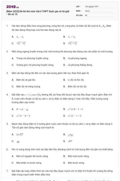[Năm 2022] Đề thi thử môn Vật lí THPT Quốc gia có lời giải - Đề số 15