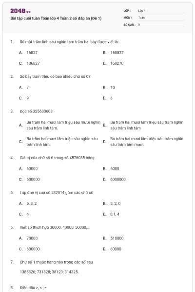 Bài tập cuối tuần Toán lớp 4 Tuần 2 có đáp án (Đề 1)