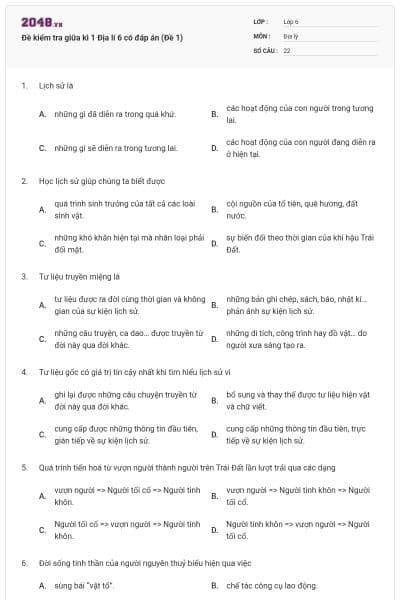 Đề kiểm tra giữa kì 1 Địa lí 6 có đáp án (Đề 1)