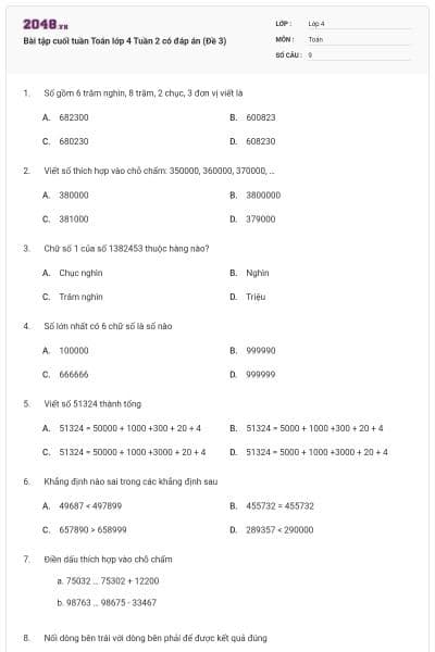 Bài tập cuối tuần Toán lớp 4 Tuần 2 có đáp án (Đề 3)