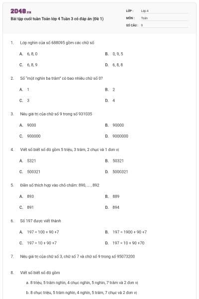 Bài tập cuối tuần Toán lớp 4 Tuần 3 có đáp án (Đề 1)