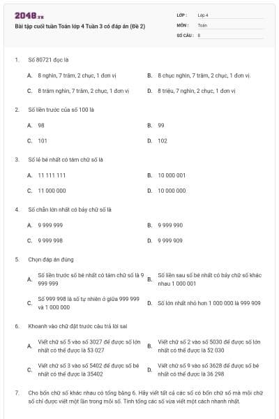 Bài tập cuối tuần Toán lớp 4 Tuần 3 có đáp án (Đề 2)