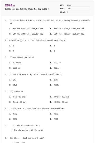 Bài tập cuối tuần Toán lớp 4 Tuần 4 có đáp án (Đề 1)