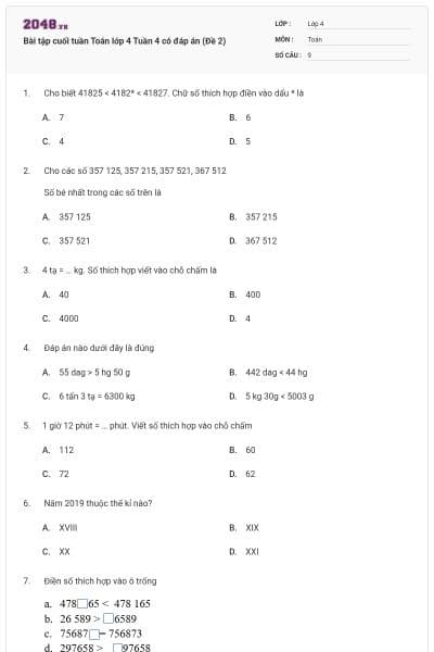 Bài tập cuối tuần Toán lớp 4 Tuần 4 có đáp án (Đề 2)