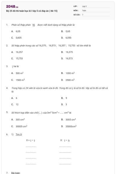 Bộ 25 đề thi toán học kì I lớp 5 có đáp án ( Đề 15)
