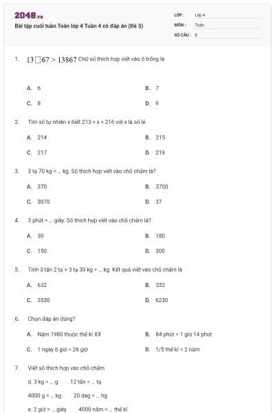 Bài tập cuối tuần Toán lớp 4 Tuần 4 có đáp án (Đề 3)