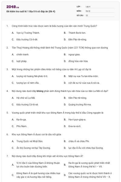 Đề kiểm tra cuối kì 1 Địa lí 6 có đáp án (Đề 4)