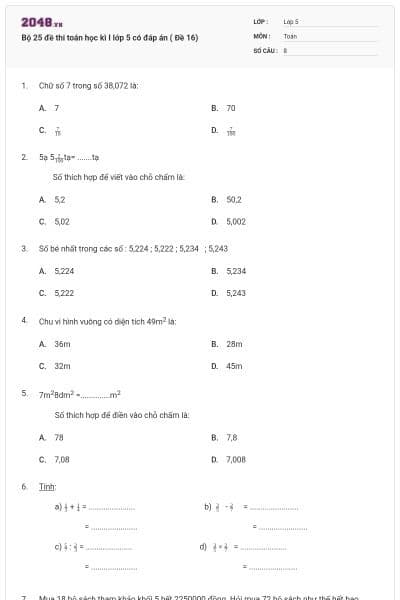 Bộ 25 đề thi toán học kì I lớp 5 có đáp án ( Đề 16)
