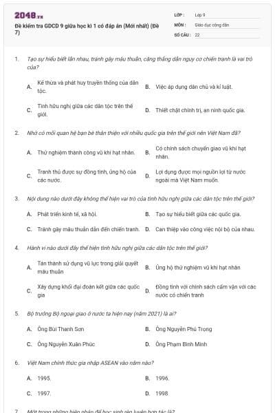 Đề kiểm tra GDCD 9 giữa học kì 1 có đáp án (Mới nhất) (Đề 7)